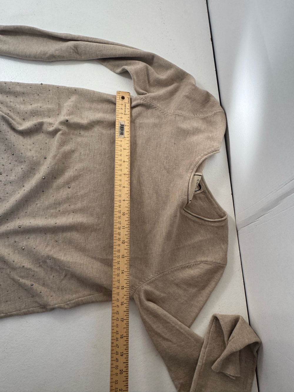 Vintage Concept Cashmere blend taupe long-sleeve tunic scalloped lace hem M - Picture 3 of 6